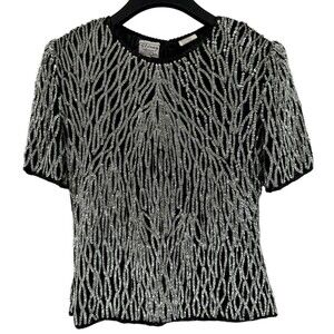 Vtg. Stenay Top L Black Silver Silk Beaded Sequins Evenings Fitted Holliday 90s